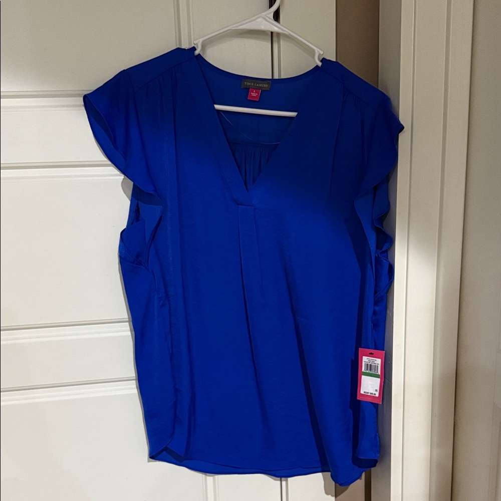 Vince Camuto Cobalt V-Neck Flutter Sleeve Blouse